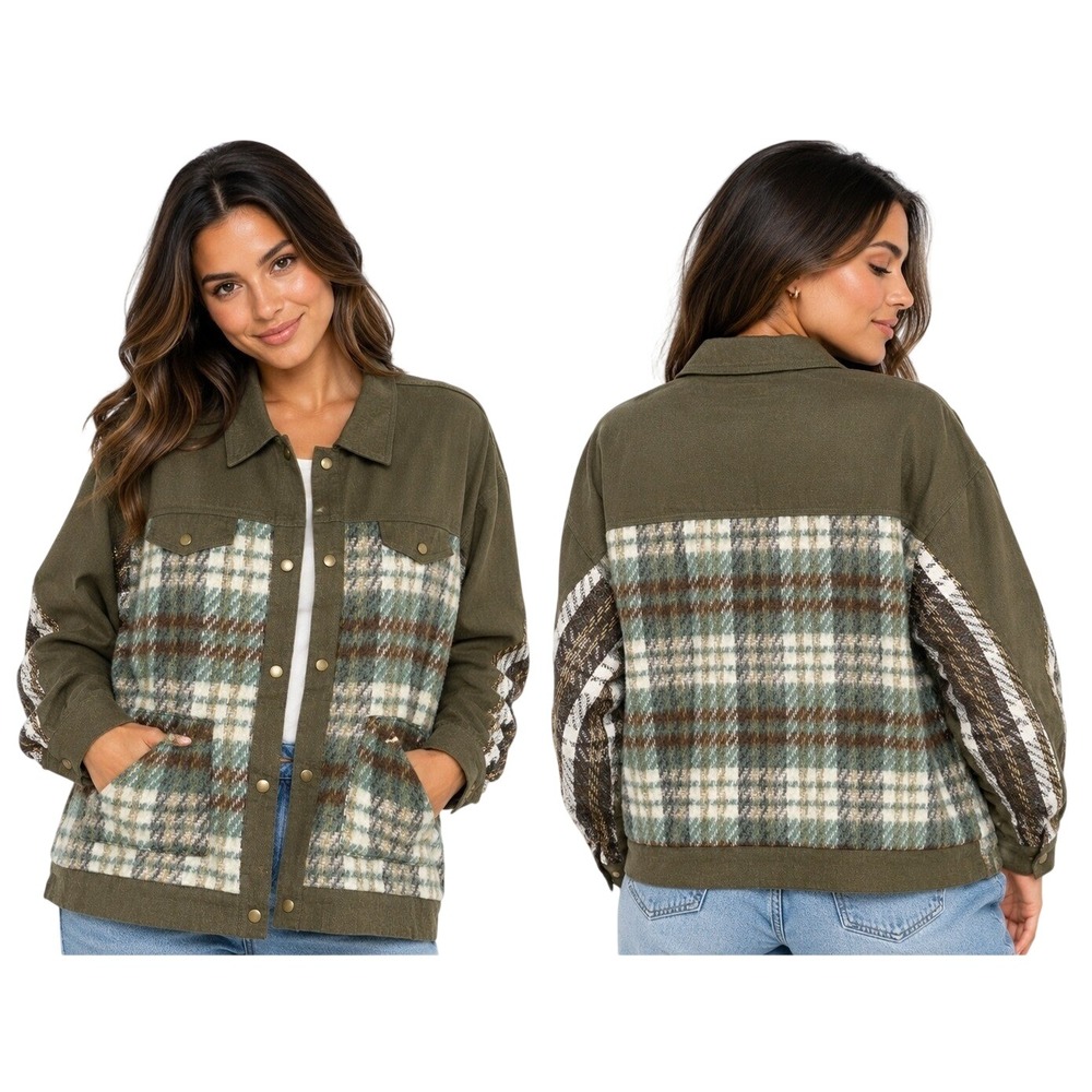 Umgee Shacket Women XL Olive Green Plaid Mixed Media Button Front New Pockets